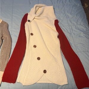 Cream and Red Button Cowl Neck Sweater